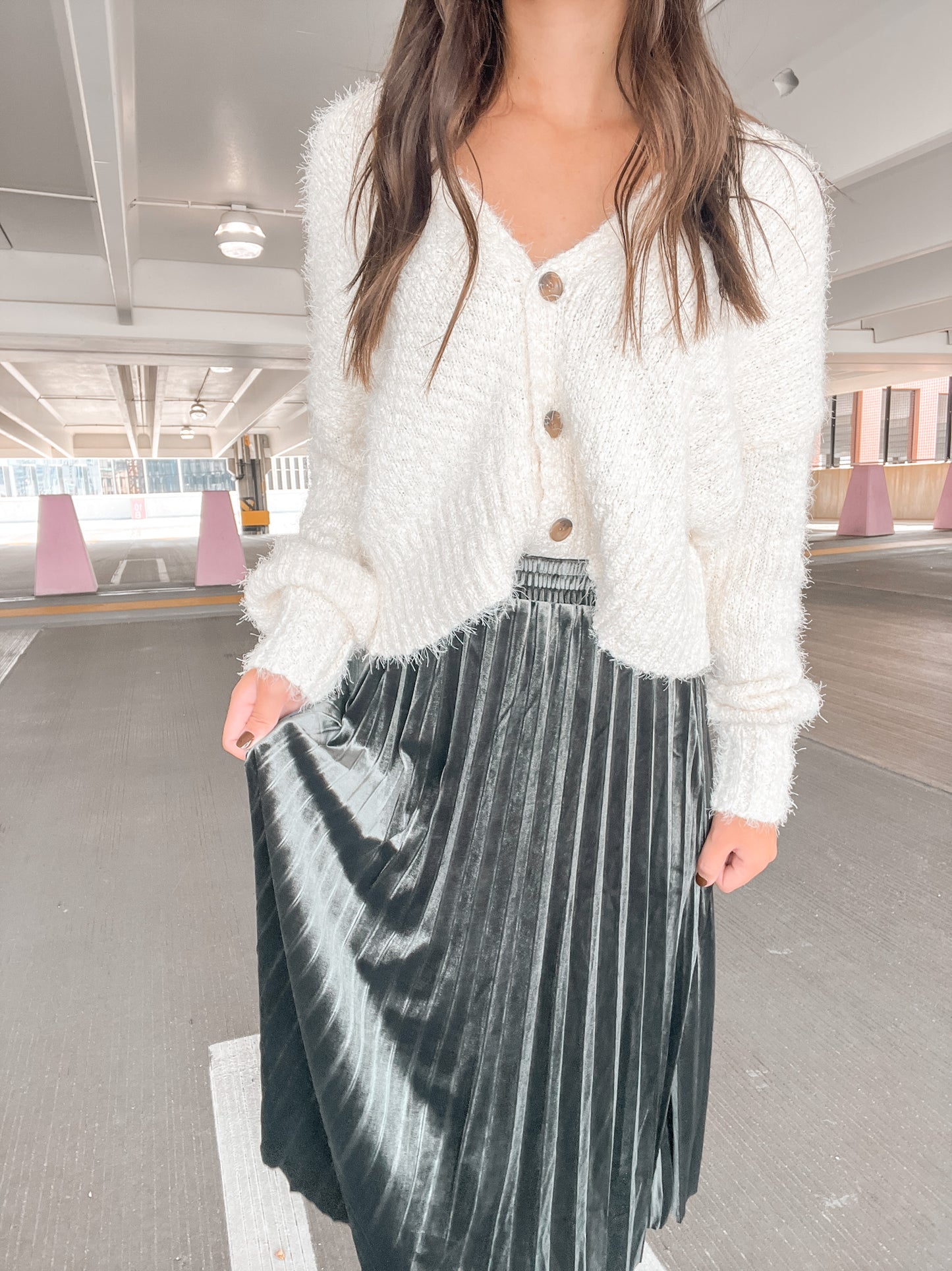 Pleated Velvet Midi Skirt